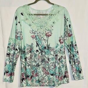 Floral Blouse with Crochet Neckline- Large